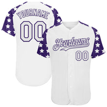 Load image into Gallery viewer, Custom White Purple Star Raglan Sleeves Authentic Baseball Jersey
