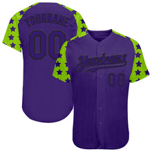 Загрузить изображение в средство просмотра галереи, Custom Purple Black-Neon Green Star Raglan Sleeves Authentic Baseball Jersey