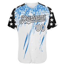 Load image into Gallery viewer, Custom White Black-Powder Blue Splatter Brush Stroke Star Raglan Sleeves Authentic Baseball Jersey