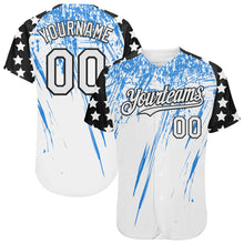 Load image into Gallery viewer, Custom White Black-Powder Blue Splatter Brush Stroke Star Raglan Sleeves Authentic Baseball Jersey