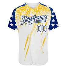 Laden Sie das Bild in den Galerie-Viewer, Custom White Royal-Yellow Splatter Brush Stroke Star Raglan Sleeves Authentic Baseball Jersey