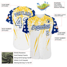 Laden Sie das Bild in den Galerie-Viewer, Custom White Royal-Yellow Splatter Brush Stroke Star Raglan Sleeves Authentic Baseball Jersey