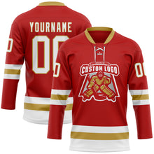Charger l'image dans la galerie, Custom Red White-Old Gold Hockey Lace Neck Jersey