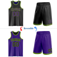 Laden Sie das Bild in den Galerie-Viewer, Custom Reversible Black Purple-Neon Green Double Side Sublimation Basketball Suit Jersey