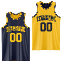 Laden Sie das Bild in den Galerie-Viewer, Custom Navy Gold Reversible Double Side Sublimation Basketball Suit Jersey