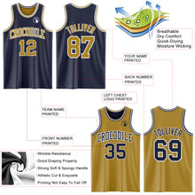 Laden Sie das Bild in den Galerie-Viewer, Custom Navy Old Gold-White Reversible Double Side Sublimation Basketball Suit Jersey