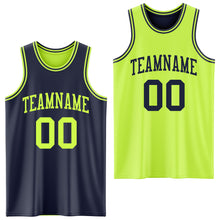 Laden Sie das Bild in den Galerie-Viewer, Custom Reversible Navy Neon Green Double Side Sublimation Basketball Suit Jersey