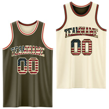 Laden Sie das Bild in den Galerie-Viewer, Custom Reversible Olive Vintage USA Flag Cream-Red Double Side Salute To Service Sublimation Basketball Suit Jersey
