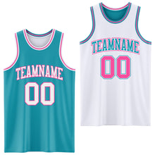 Laden Sie das Bild in den Galerie-Viewer, Custom Reversible Teal White-Pink Double Side Sublimation Basketball Suit Jersey
