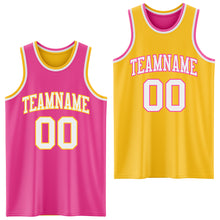 Laden Sie das Bild in den Galerie-Viewer, Custom Reversible Pink White-Gold Double Side Sublimation Basketball Suit Jersey