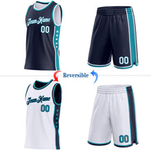 Load image into Gallery viewer, Custom Reversible Navy White-Teal Double Side Star Sublimation Basketball Suit Jersey