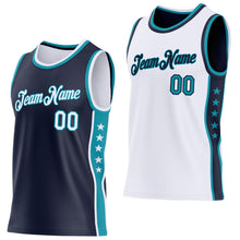 Load image into Gallery viewer, Custom Reversible Navy White-Teal Double Side Star Sublimation Basketball Suit Jersey