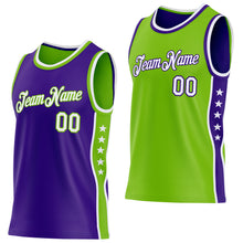Laden Sie das Bild in den Galerie-Viewer, Custom Reversible Purple White-Neon Green Double Side Star Sublimation Basketball Suit Jersey