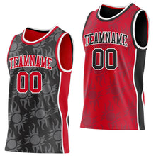 Laden Sie das Bild in den Galerie-Viewer, Custom Black Red-White Side Panel Stripe Sun Flame Reversible Double Side Sublimation Basketball Set Jersey