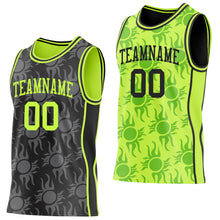 Laden Sie das Bild in den Galerie-Viewer, Custom Black-Neon Green Side Panel Stripe Sun Flame Reversible Double Side Sublimation Basketball Set Jersey