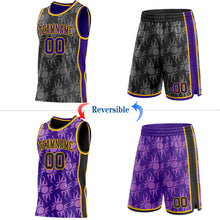 Load image into Gallery viewer, Custom Black Purple-Gold Side Panel Stripe Sun Flame Reversible Double Side Sublimation Basketball Set Jersey