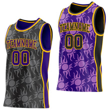 Load image into Gallery viewer, Custom Black Purple-Gold Side Panel Stripe Sun Flame Reversible Double Side Sublimation Basketball Set Jersey