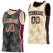 Load image into Gallery viewer, Custom Black Vintage USA Flag Cream-Maroon Side Panel Stripe Sun Flame Reversible Double Side Sublimation Basketball Set Jersey