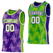 Laden Sie das Bild in den Galerie-Viewer, Custom Purple White-Neon Green Side Panel Stripe Sun Flame Reversible Double Side Sublimation Basketball Set Jersey
