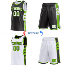 Laden Sie das Bild in den Galerie-Viewer, Custom Black White-Neon Green Side Panel Geometric Chevron Reversible Double Side Sublimation Basketball Set Jersey
