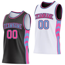 Laden Sie das Bild in den Galerie-Viewer, Custom Black Pink-Light Blue Side Panel Geometric Chevron Reversible Double Side Sublimation Basketball Set Jersey