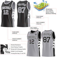 Laden Sie das Bild in den Galerie-Viewer, Custom Black Gray-White Side Panel Geometric Chevron Reversible Double Side Sublimation Basketball Set Jersey