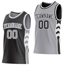 Laden Sie das Bild in den Galerie-Viewer, Custom Black Gray-White Side Panel Geometric Chevron Reversible Double Side Sublimation Basketball Set Jersey