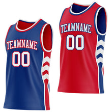 Загрузить изображение в средство просмотра галереи, Custom Royal White-Red Side Panel Geometric Chevron Reversible Double Side Sublimation Basketball Set Jersey