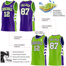 Laden Sie das Bild in den Galerie-Viewer, Custom Purple White-Neon Green Side Panel Geometric Chevron Reversible Double Side Sublimation Basketball Set Jersey