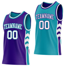 Laden Sie das Bild in den Galerie-Viewer, Custom Purple White-Teal Side Panel Geometric Chevron Reversible Double Side Sublimation Basketball Set Jersey