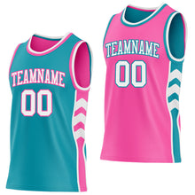 Laden Sie das Bild in den Galerie-Viewer, Custom Teal White-Pink Side Panel Geometric Chevron Reversible Double Side Sublimation Basketball Set Jersey