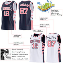 Laden Sie das Bild in den Galerie-Viewer, Custom Navy Medium Pink-White Side Panel Geometric Chevron Reversible Double Side Sublimation Basketball Set Jersey