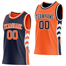 Загрузить изображение в средство просмотра галереи, Custom Navy Orange-White Side Panel Geometric Chevron Reversible Double Side Sublimation Basketball Set Jersey