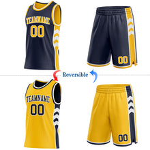 Charger l'image dans la galerie, Custom Navy Gold-White Side Panel Geometric Chevron Reversible Double Side Sublimation Basketball Set Jersey