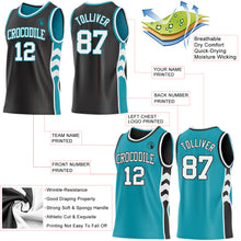 Laden Sie das Bild in den Galerie-Viewer, Custom Black White-Teal Side Panel Geometric Chevron Reversible Double Side Sublimation Basketball Set Jersey