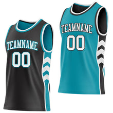 Laden Sie das Bild in den Galerie-Viewer, Custom Black White-Teal Side Panel Geometric Chevron Reversible Double Side Sublimation Basketball Set Jersey
