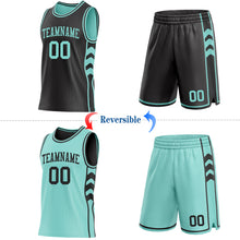 Charger l'image dans la galerie, Custom Black-Ice Blue Side Panel Geometric Chevron Reversible Double Side Sublimation Basketball Set Jersey