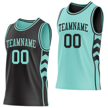 Charger l'image dans la galerie, Custom Black-Ice Blue Side Panel Geometric Chevron Reversible Double Side Sublimation Basketball Set Jersey