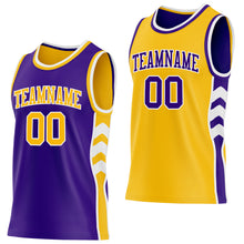 Load image into Gallery viewer, Custom Purple Gold-White Side Panel Geometric Chevron Reversible Double Side Sublimation Basketball Set Jersey