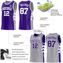 Laden Sie das Bild in den Galerie-Viewer, Custom Purple White-Gray Side Panel Geometric Chevron Reversible Double Side Sublimation Basketball Set Jersey