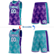Laden Sie das Bild in den Galerie-Viewer, Custom Purple White-Teal Side Panel Stripe Sun Flame Reversible Double Side Sublimation Basketball Set Jersey
