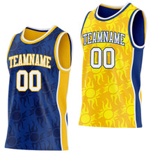 Load image into Gallery viewer, Custom Royal White-Gold Side Panel Stripe Sun Flame Reversible Double Side Sublimation Basketball Set Jersey