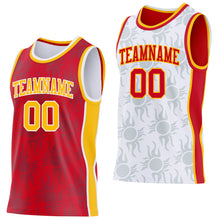 Laden Sie das Bild in den Galerie-Viewer, Custom Red Gold-White Side Panel Stripe Sun Flame Reversible Double Side Sublimation Basketball Set Jersey