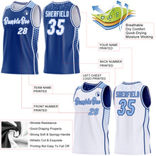 Загрузить изображение в средство просмотра галереи, Custom Royal White-Light Blue Side Panel Stripe Geometric Triangle Gradient Dot Reversible Double Side Sublimation Basketball Set Jersey