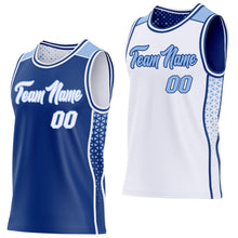 Загрузить изображение в средство просмотра галереи, Custom Royal White-Light Blue Side Panel Stripe Geometric Triangle Gradient Dot Reversible Double Side Sublimation Basketball Set Jersey