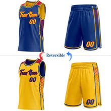 Laden Sie das Bild in den Galerie-Viewer, Custom Royal Gold-Red Side Panel Stripe Geometric Triangle Gradient Dot Reversible Double Side Sublimation Basketball Set Jersey