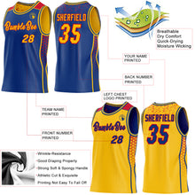 Laden Sie das Bild in den Galerie-Viewer, Custom Royal Gold-Red Side Panel Stripe Geometric Triangle Gradient Dot Reversible Double Side Sublimation Basketball Set Jersey