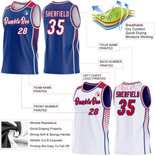 Загрузить изображение в средство просмотра галереи, Custom Royal White-Red Side Panel Stripe Geometric Triangle Gradient Dot Reversible Double Side Sublimation Basketball Set Jersey