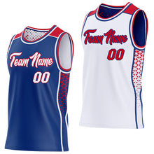 Загрузить изображение в средство просмотра галереи, Custom Royal White-Red Side Panel Stripe Geometric Triangle Gradient Dot Reversible Double Side Sublimation Basketball Set Jersey