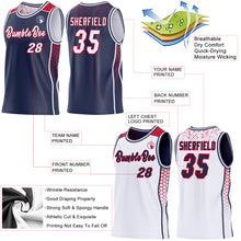 Charger l'image dans la galerie, Custom Navy White-Red Side Panel Stripe Geometric Triangle Gradient Dot Reversible Double Side Sublimation Basketball Set Jersey